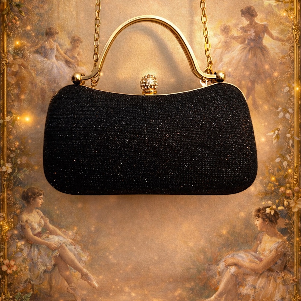 Elegant Black Hard Shell Sparkling Clutch with Rhinestones and Gold Accents